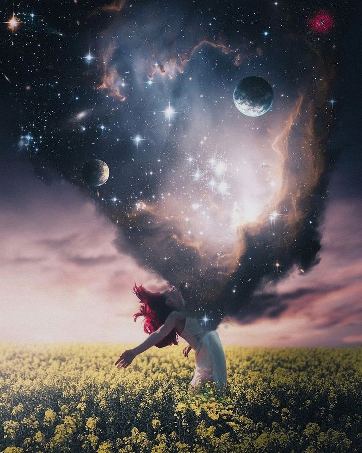 a woman is flying through the air in front of stars and planets above her head