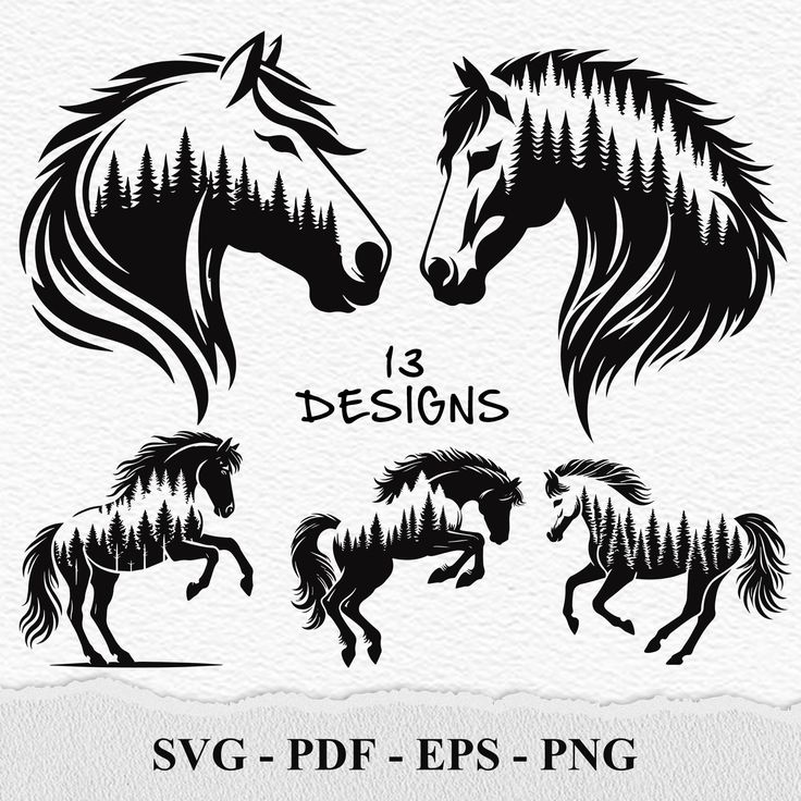 horse silhouettes with pine trees and mountains in the background, set of 3 designs