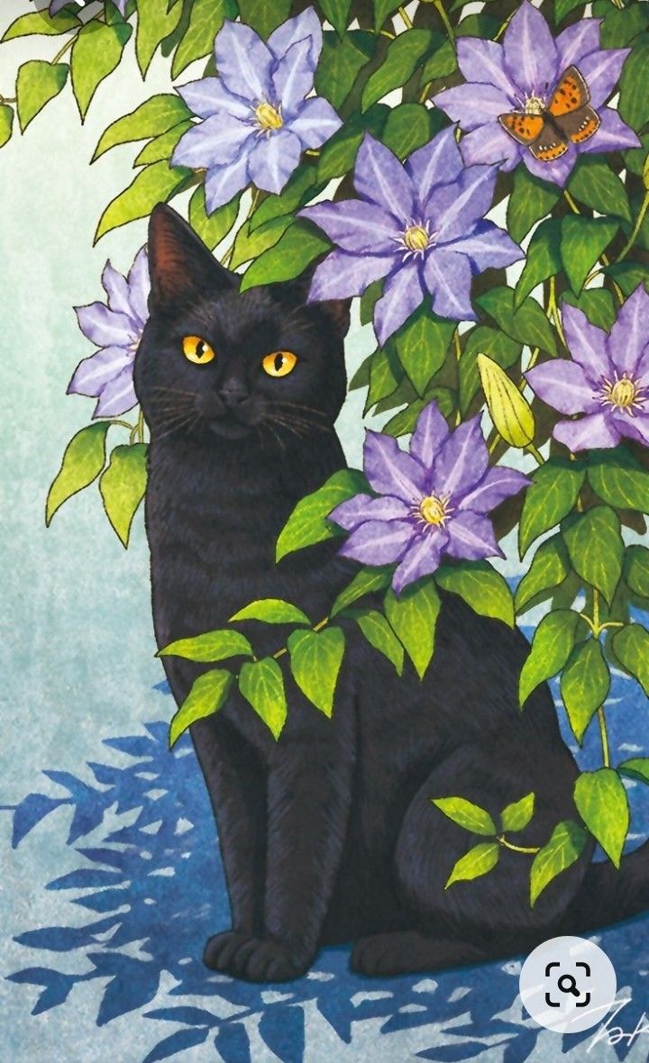 a painting of a black cat surrounded by purple flowers