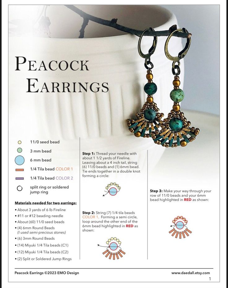 the instructions for peacock earrings are shown