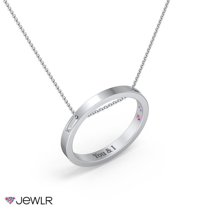 Create a one-of-a-kind gift with an elegant yet subtle design. This floating pendant features an engravable circle with two holes for the chain to thread through and two hidden birthstones to represent you or someone special. Personalize yours with a choice of genuine or simulated gemstones and engrave a meaningful message on the inside of the ring. Customize in sterling silver, white, yellow, or rose gold, and complete by selecting the chain to suit your unique style. Round Pendant Necklace With Polished Finish For Anniversary, Modern Necklace With Round Cut For Gift, Modern Round Cut Necklace For Gift, Minimalist Jewelry Pendant With Engraving Option, Minimalist Jewelry With Bezel Setting For Anniversary, Minimalist Pendant Jewelry With Engraving Option, Minimalist Bezel Set Jewelry For Anniversary, White Gold Round Cut Birthstone Necklace For Anniversary, White Gold Necklace For Anniversary