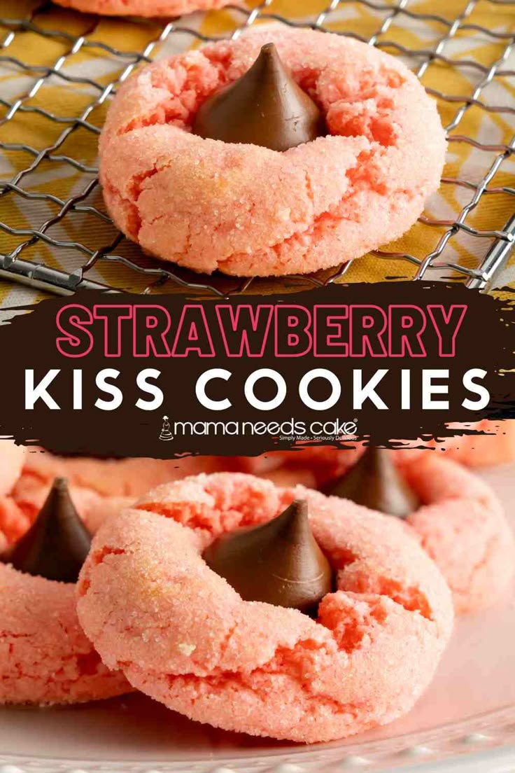 strawberry kiss cookies on a cooling rack with text overlay that reads strawberry kiss cookies