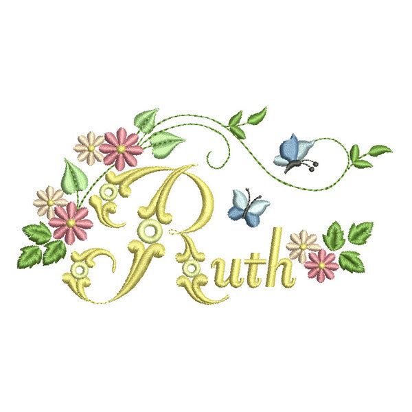 the word faith with flowers and butterflies on it's side, in gold lettering