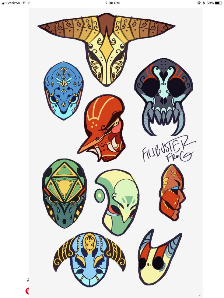 several different types of masks are shown in this drawing style, including one with an owl's head