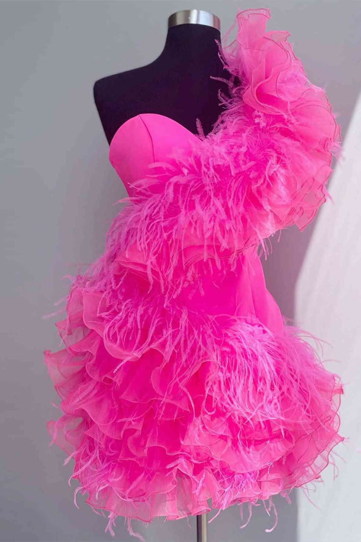 Hot Pink Ruffled Short Homecoming Dress with Feathers Hot Pink Homecoming, Hot Pink Homecoming Dress, Neon Prom Dress, Shorts Rosa, Neon Birthday Party, Tiered Tulle Skirt, Hot Pink Mini Dress, Sequin Homecoming Dress, Neon Birthday