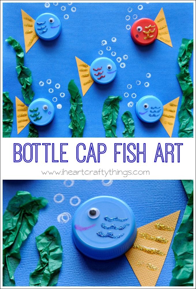 the bottle cap fish art project is fun for kids to do with paper and glue