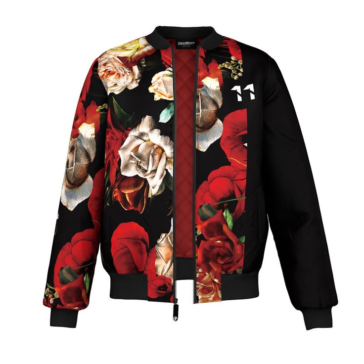 Add some dramatic floral flair to your collection with the Antique Flowers Bomber Jacket, handcrafted aligned for fully edge-to-edge graphics. Our team of resident artists created this block style design with a dark red floral print and chest logo.