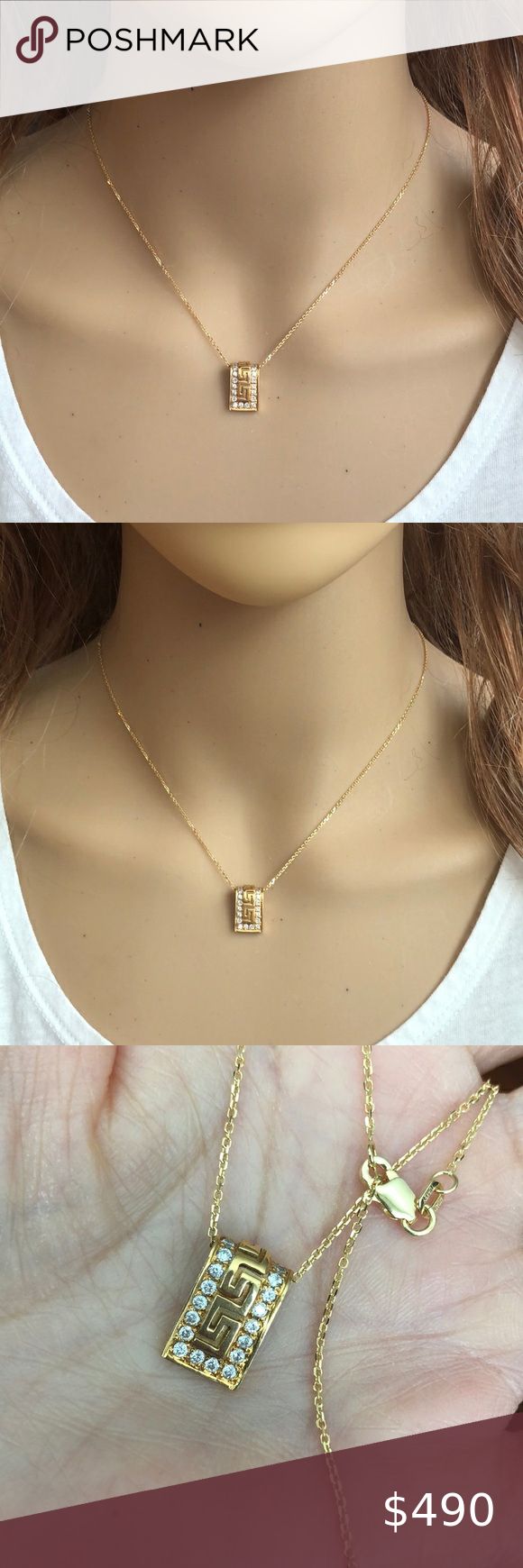 14K Solid Gold Rectangle CZ Pendant Necklace Description:	 14K Solid Yellow Gold Rectangle CZ Pendant Dainty Adjustable Necklace    Item No.:	P2.77/2331 Metal type:	14K Solid Gold Metal color:	Yellow Gold Type of stone:	Cubic Zirconia Measurement:	Pendant with bale: 15 x 9 MM. Cable Chain Length: 16"-18" adjustable Approximate Weight:	Total Est. Weight: 4.5 grams (2.77 grams pendant, 1.73 grams chain) Brand new with box Element Shine Jewelry Necklaces Gold Cubic Zirconia Necklace With Radiant Cut, Luxury Gold Necklace With Rectangular Stone, Gold Radiant Cut Cubic Zirconia Necklaces, Gold Radiant Cut Cubic Zirconia Necklace, Gold Diamond Rectangular Necklace, Gold Necklaces With Rectangular Stone, Gold Diamond Jewelry With Rectangular Stone, Gold Diamond Necklace With Rectangular Shape, Gold Radiant Cut Cubic Zirconia Jewelry