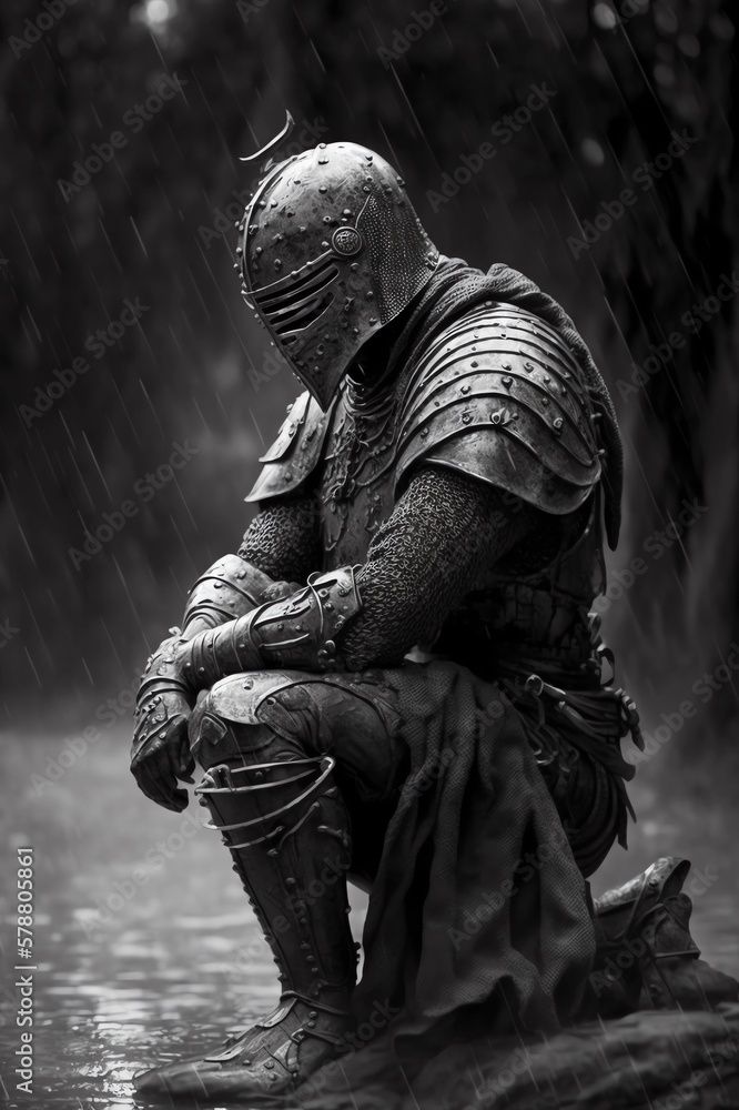 a knight sitting in the rain with his hands on his knees and looking at something