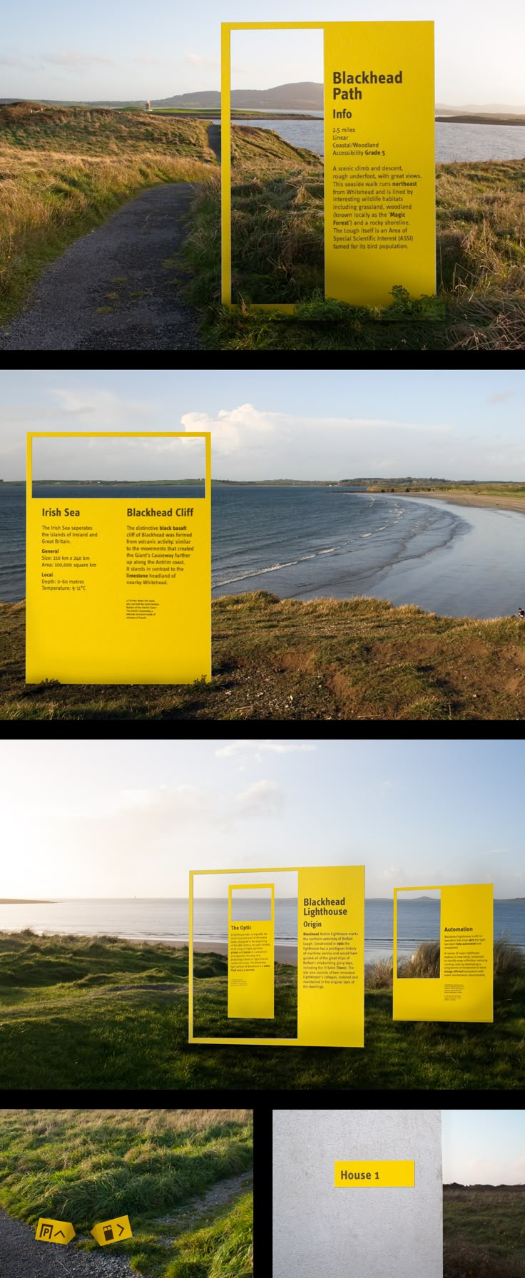 four different views of yellow signage on the side of a road next to an ocean