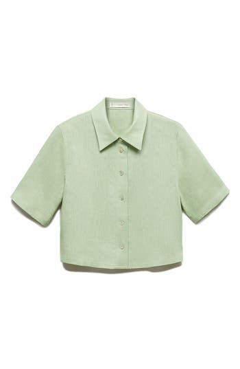 A sharp point-collar tops this lightweight linen button-up cut with short sleeves and a boxy silhouette. Front button closure Point collar Short sleeves 100% linen Machine wash, line dry Imported Uni Necessities, Pastel Blouse, Mango Shorts, Aesthetic Shirts, Pastel Green, Wardrobe Ideas, Casual Summer Outfits, Work Clothes, Work Outfit