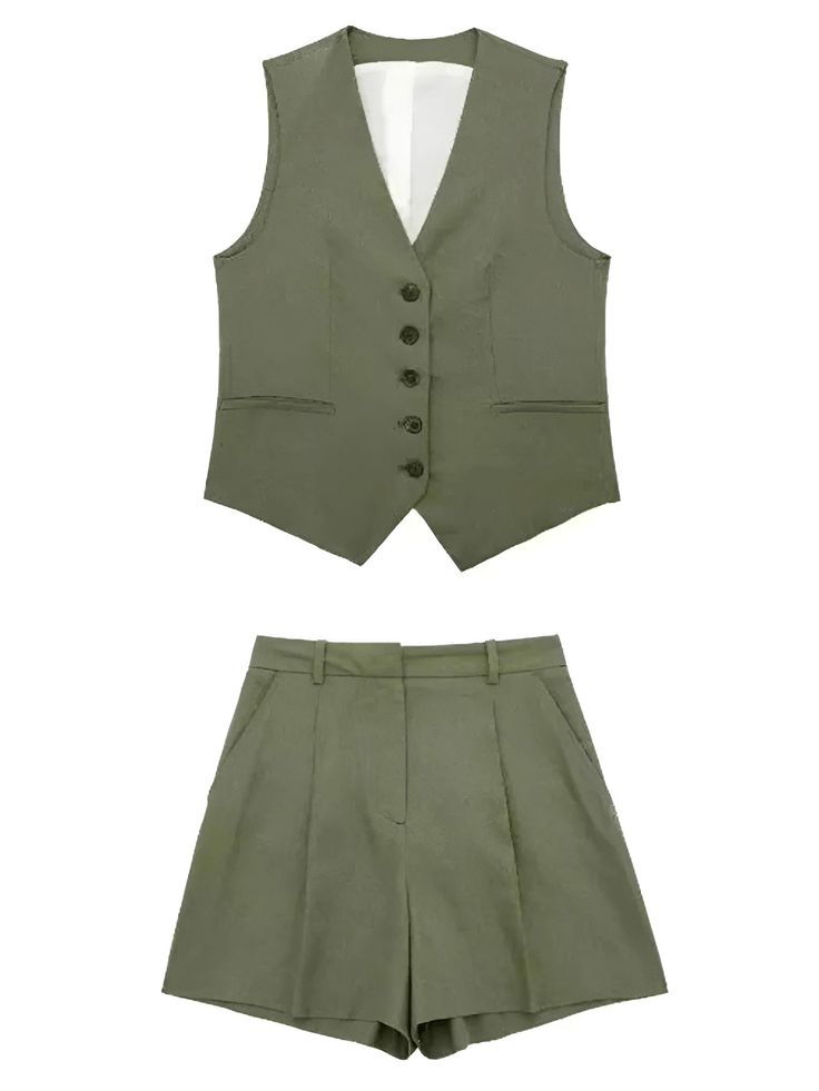 Women's Slim-Fit Sleeveless Suit Vest + High Waist Shorts Causal Set Military Style Khaki Vest For Spring, Military Style Sleeveless Vest For Spring, Khaki Military Sleeveless Vest, Khaki Military Vest With Side Pockets, Military Cotton Vest With Cargo Pockets, Sleeveless Suit, Suit Vest, Sleeveless Vest, Stretch Dress