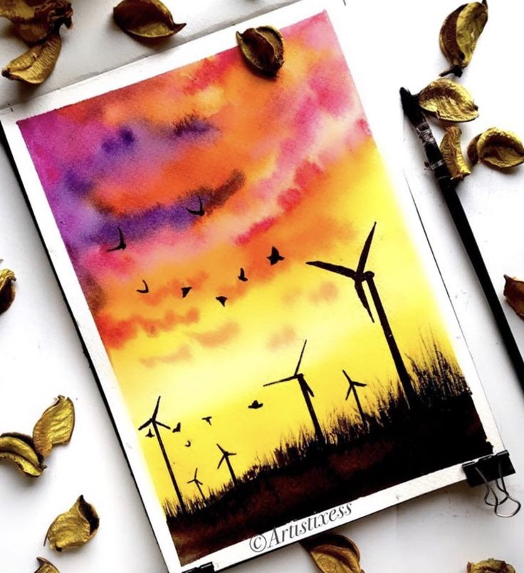 a painting of wind turbines and birds flying in the sky with leaves scattered around it