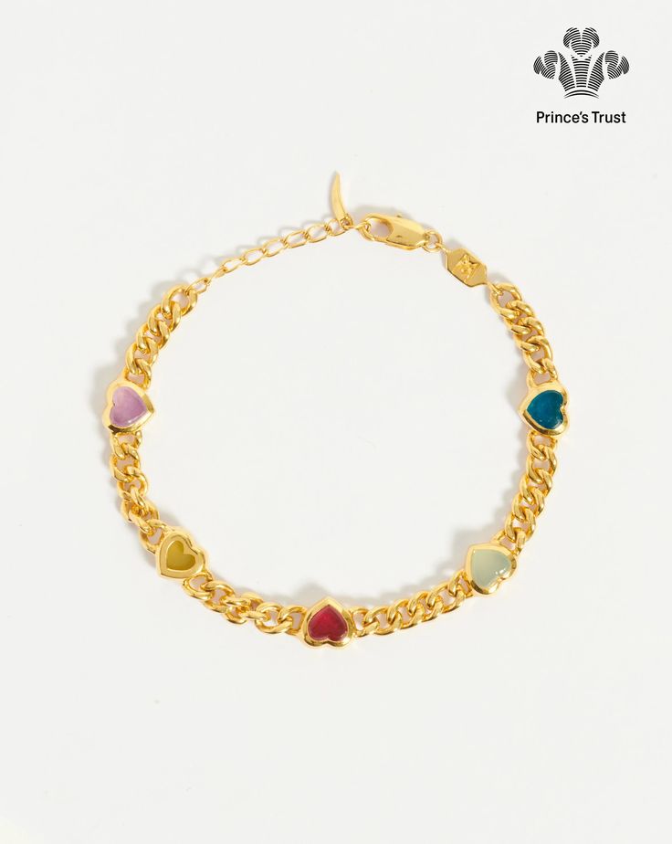 Jelly Heart Gemstone Charm Bracelet | 18ct Gold Plated/Multi Quartz. Bring Colour to Your Arm Stack. This Retro-Inspired Bracelet Features Five Jelly Heart Gemstone Charms Inset on a Thick Curb Chain, in Dyed Mango and Aqua Chalcedony, Blue, Purple and Pink Quartz. Stack with Other Chains and Beaded Braceles or Wear Solo for Everyday Styling. Also Available in the Necklace. This Piece Contains Semi-Precious Gemstones that are Natural, Meaning Each Stone is Completely Unique. There May be Variati Gold Heart-shaped Gemstone Bracelets, Arm Stack, Jelly Hearts, Gold And Silver Bracelets, Aqua Chalcedony, Heart Gemstone, Pink Quartz, Precious Gemstones, Curb Chain