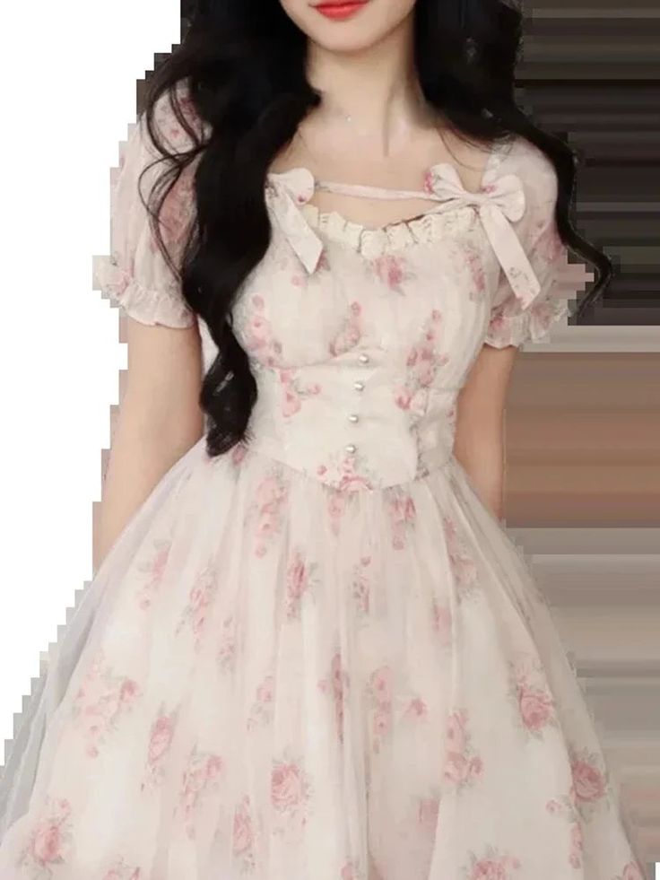 The most elegant attire, perfect for any occasion, is this new dress. The flattering cut and subtle color palette make it a perfect addition to your wardrobe. Do you wanahavit? Y2k Mini Dress, Party Dress Summer, Short Sleeve Floral Dress, Dress Korean, Elegant Attire, Short Party Dress, Pink Y2k, Korean Fashion Casual, Korean Dress