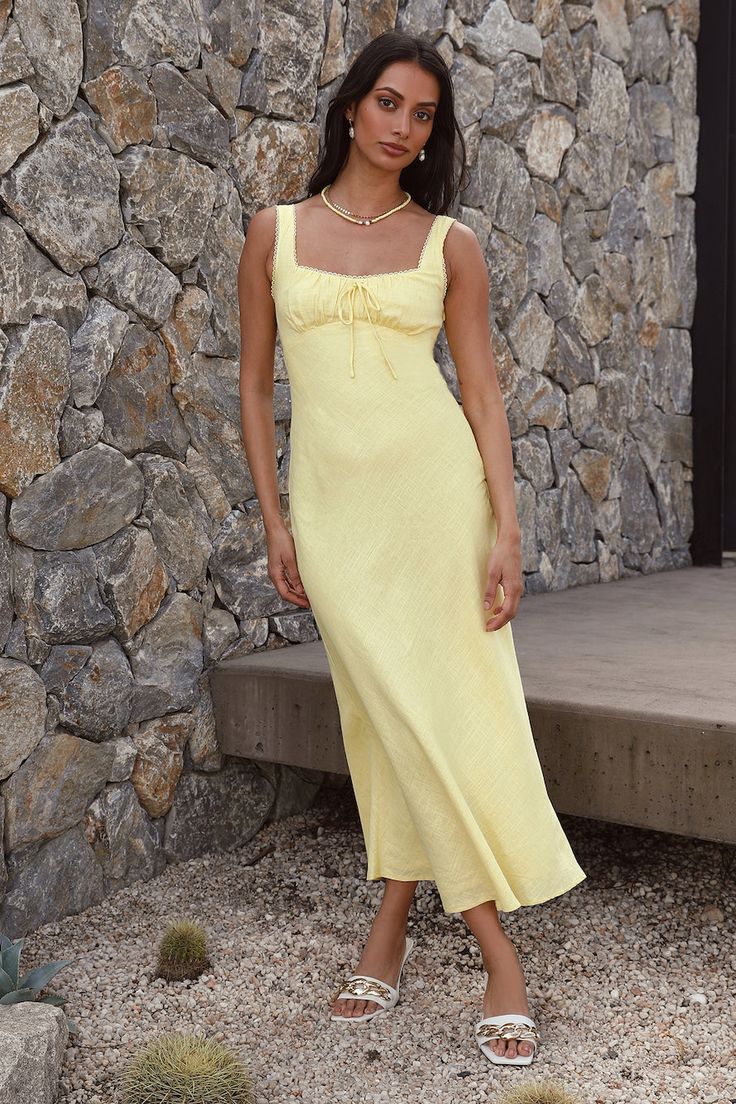 Lemon Squeeze Maxi Dress Yellow | Fortunate One Lemon Dress Outfit, Lemon Yellow Outfit, Plunge Neck Maxi Dress, Knit Maxi Skirt, Open Sky, Collared Top, Yellow Outfit, Ankle Length Dress, Lemon Dress