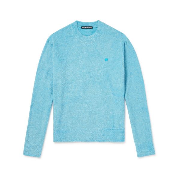 Acne Studios' shaggy 'Kedgar' sweater is knitted in two shades of blue for texture and dimension. It's detailed with ribbed trims and the label's signature face patch at the chest. Neck Acne, Face Patches, Acne Shop, Sweater For Men, Studio S, Mr Porter, Knitted Sweater, Shades Of Blue, Fashion News