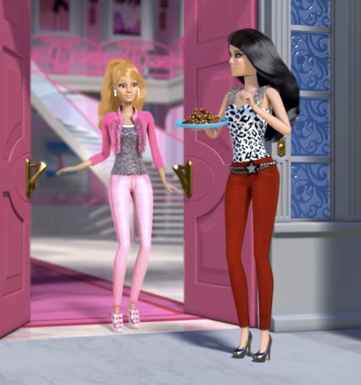 two barbie dolls standing in front of an open pink door, one holding a plate of food