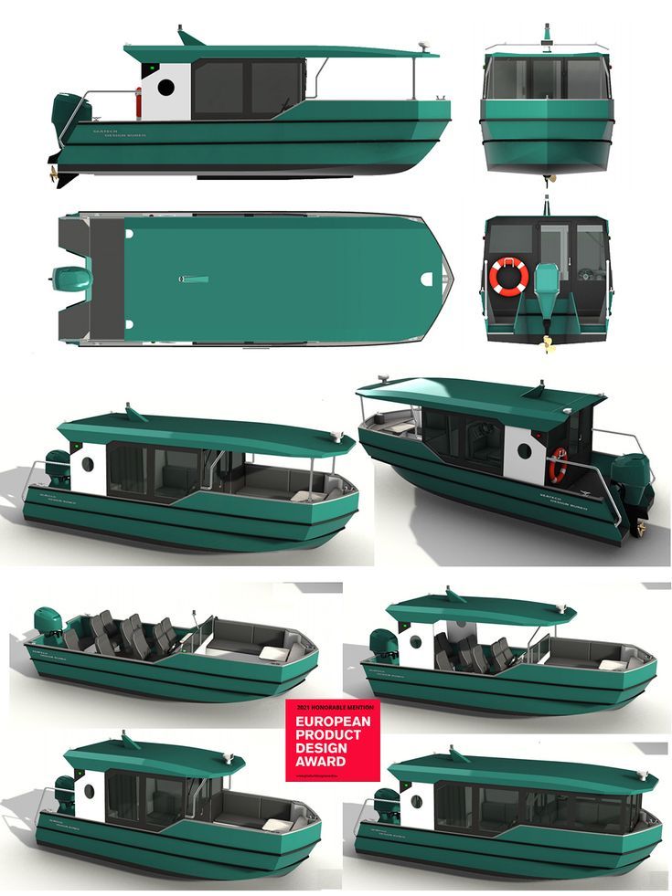 several different views of a green and white boat