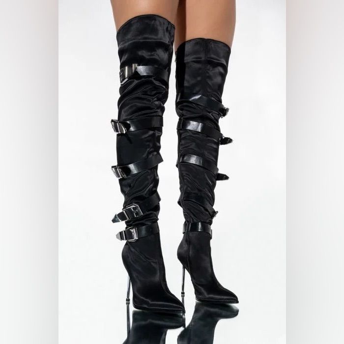 Nwt Azalea Wang Make It Last Stiletto Boot In Black | Size: 8.5 The Azalea Wang Make It Last Stiletto Boot In Black Is A Satin Thigh High Boot Featuring A Slim, Stiletto Heel And Tonal Faux Leather Belted Detailing Along The Shaft. Complete With Buckle Closures, Silver Metallic Hardware, A Pointed Toe Silhouette And Tonal Inner Ankle Zipper. Fit And Details (Approx. Measured From A Women’s 8) - 4.5” Heel Height - 24” Shaft Height - Stiletto Heel - Pointed Toe - Inside Zipper - Imported Ships Within 24 Hours And I Am Open To Offers! Knee-high Heels With Padded Heel For Party, Knee-high Padded Heel Party Heels, Elegant Boots With Buckle Closure For Night Out, Party Boots With Buckle Closure, Elegant Black Boots With Heel Strap, Party Heeled Boots With Buckle Closure, Elegant Heeled Boots With Buckle Closure For Party, Elegant Heeled Boots With Buckle For Party, Elegant Party Heeled Boots With Buckle Closure