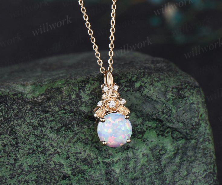 - Metal: Solid gold(9K/14K/18K white/yellow/rose gold),925 sterling silver, platinum available- Main Stone: 6.5mm round lab opal- Accent Stone: diamonds or moissanites- Chain: 16+2 inches. The chain can be adjustable to 18 Inches.- Can be personalized: Yes Elegant Opal Jewelry With Round Stone, Elegant Round Stone Opal Jewelry, Elegant Round Opal Jewelry, White Gold Opal Round Necklace, Gold Opal Jewelry With Prong Setting, Elegant Opal Round Pendant Jewelry, Elegant Round Opal Pendant Jewelry, Elegant Opal Pendant Jewelry, Gold Opal Jewelry With Round Cut