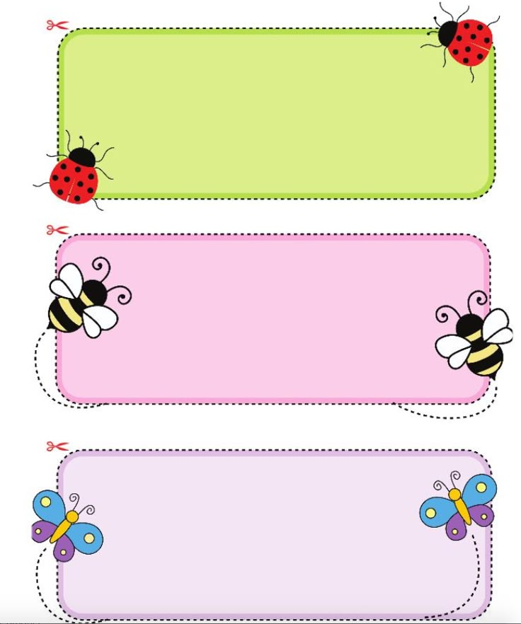 three colorful labels with ladybugs and butterflies on the top one is blank for text