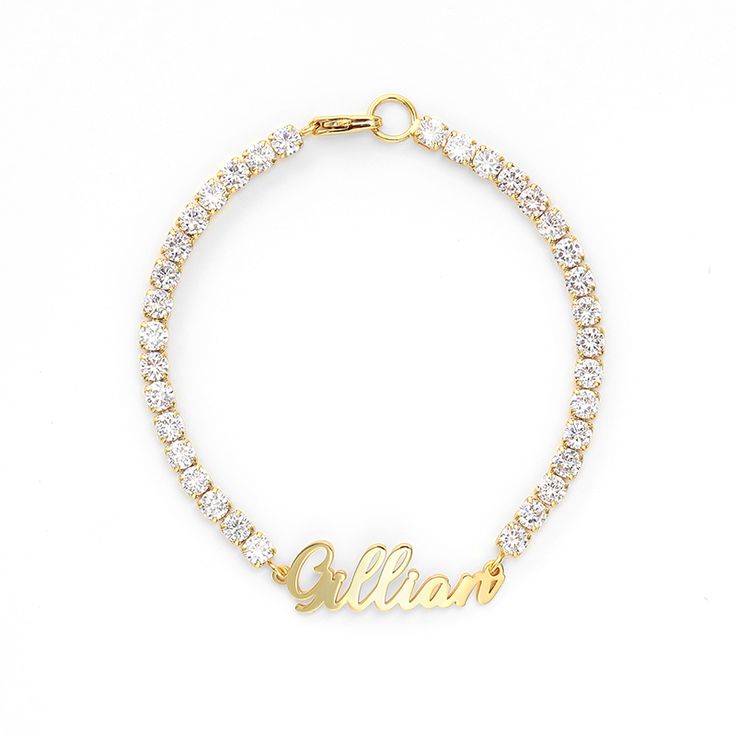 A classic look just for her, this glittering bracelet is certain to delight. A row of round stones radiate optimal shimmer. Uniquely designed, each shimmering stone is set to appear extra large and more brilliant, creating twice the sparkle. This classic name bracelet can come with yours or your loved one's name. She'll never tire of wearing this classic and sophisticated bracelet.Carat Weight: 5.78 ctStone Size: 2.8 mmNumber of Stones: 34 Stone Color: Diamond WhiteStone Shape: RoundMaterial: 92 Zhuhai, Personalized Bracelet, White Bracelets, Hold My Hand, Bracelet Online, Personalized Bracelets, Name Bracelet, Go For It, Cz Diamond