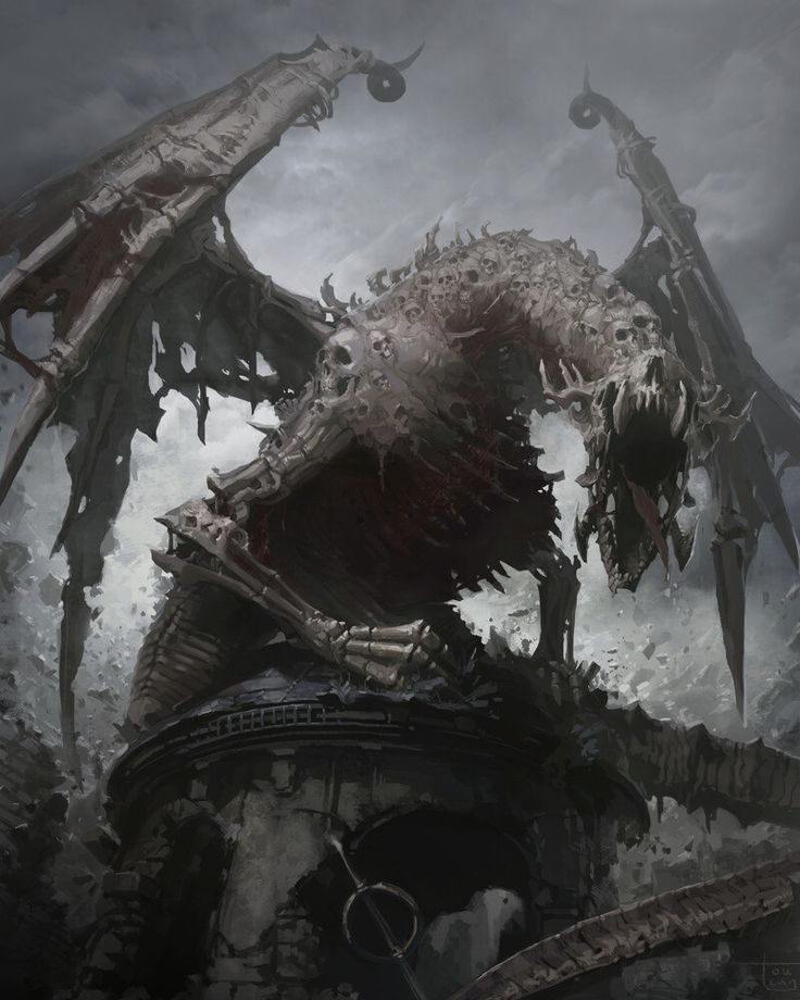 a demonic looking creature standing on top of a pile of rubble in front of a dark sky