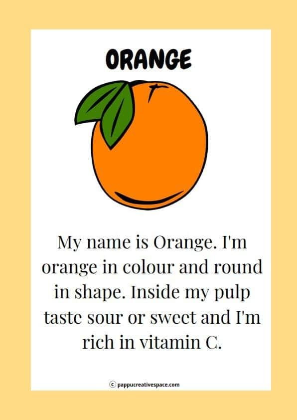 an orange with the words orange written in black and white, on top of it