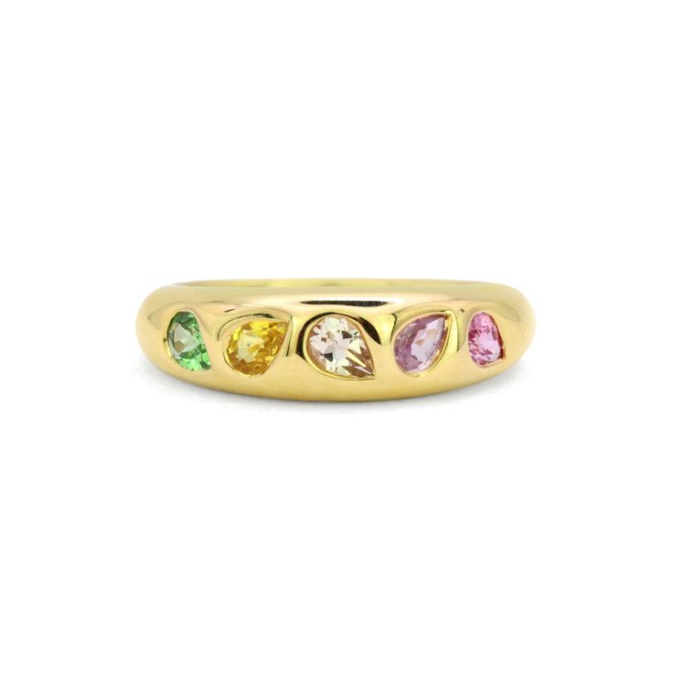 Add a pop of color to your jewelry collection with our Mosaic 18K Gemstone Gypsy Ring! This unique and playful ring features multi-colored pear cut gemstones set in a mosaic design on an 18K gold band. Perfect for stacking or making a statement on its own, this ring adds 0.97 ct of gemstone elegance to any outfit. Multi Gemstone Ring Gold, Multi Color Stone Ring, Mosaic Wedding Band, Fine Jewelry Multicolor Rings With Rose Cut Diamonds, Multicolor Rose Cut Diamond Rings, Yellow Gold Multi-stone Teardrop Rings, Gold Teardrop Multi-stone Ring, Unique Gemstone Rings, Mosaic Wedding