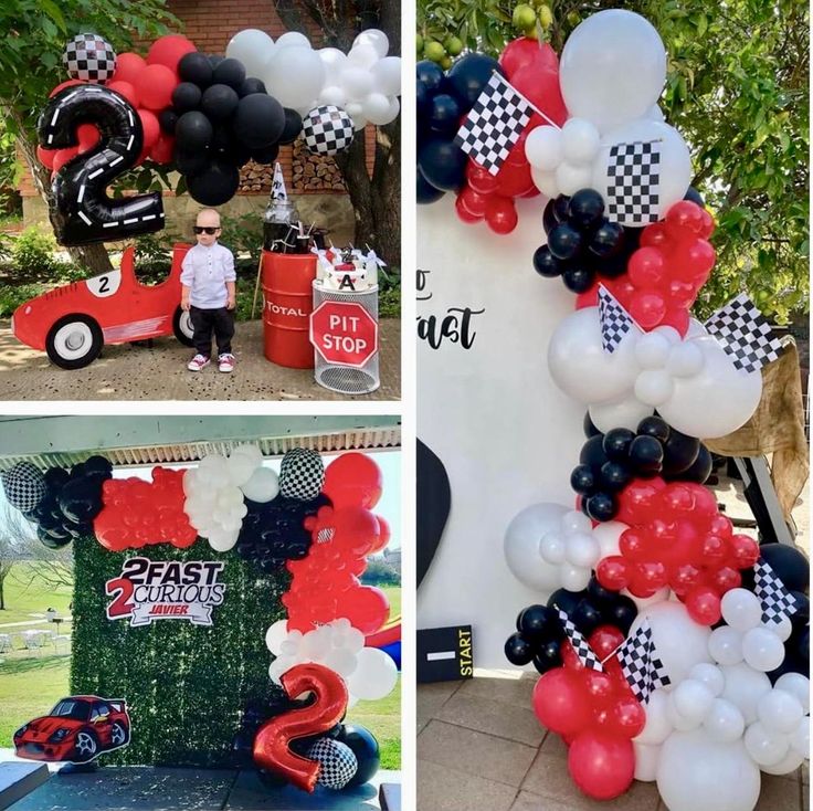 some balloons are hanging from the side of a red car and black and white decorations