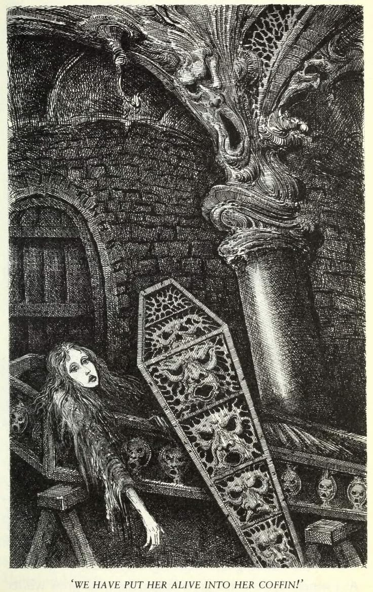 a drawing of a woman with long hair standing in front of a large, ornate object