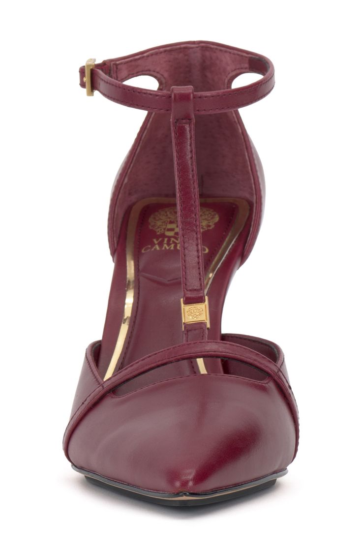 A pointy toe and slim T-strap make this pump a graceful option for desk-to-dinner versatility. 3 1/2" heel Adjustable ankle strap with buckle closure; hidden elastic inset Leather upper/synthetic lining and sole Imported Burgundy Pumps, Formal Pumps, Burgundy Heels, T Strap, Leather Pumps, Platform Heels, Pump Shoes, Vince Camuto, Women's Pumps