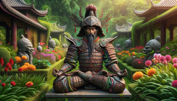 a painting of a man in armor sitting on a bench surrounded by flowers and plants