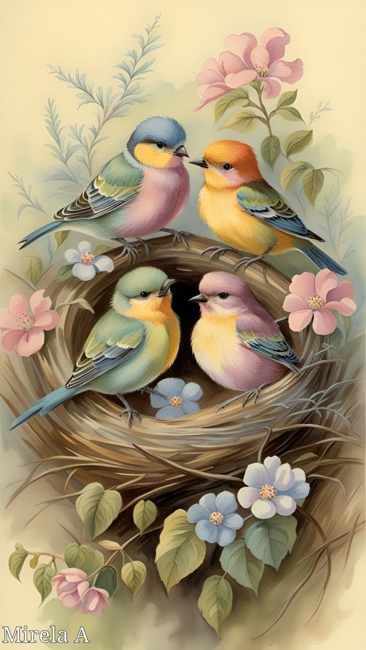 three birds sitting on top of a nest filled with flowers