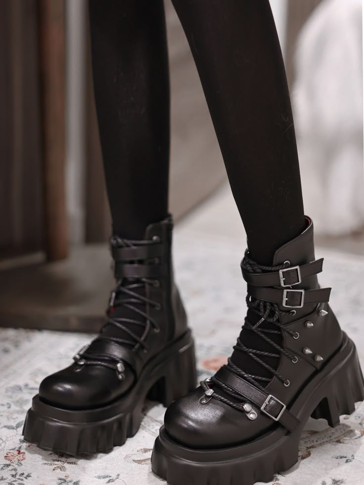 Fabric:PUShoes Details:Buckle Ankle Strap / Buckle Straps / High Block Heel / Lace-up Closure / Silver-tone Studs  	 		 			Size 			35 			36 			37 			38 			39 		 		 			Foot Length 			22.5 			23 			23.5 			24 			24.5 		 		 			Heel 			8 			8 			8 			8 			8 Winter Platform Martin Boots For Concerts, Winter Concert Platform Martin Boots, Alternative Style Winter Platform Martin Boots, Alternative Winter Martin Boots With Platform, Alternative Winter Platform Martin Boots, Winter Alternative Style Martin Boots With Platform, Edgy Martin Boots For Fall Concert, Edgy High Ankle Boots With Rivets, Punk Style High Ankle Boots With Rivets