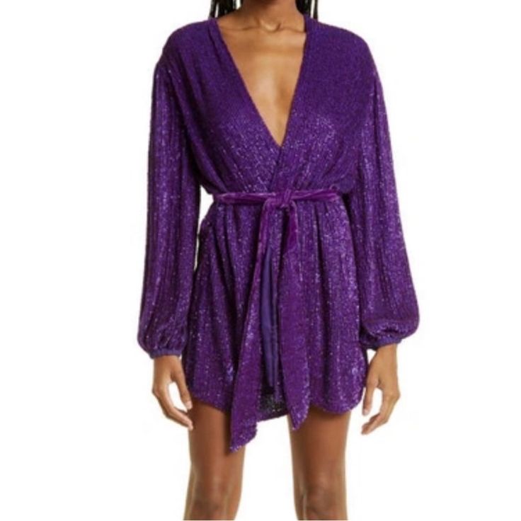 Gabrielle Metallic Long Sleeve Wrap Dress In Royal Purple - Small Era Tour, Velvet Belt, Fringe Mini Dress, Dress Royal, Long Sleeve Wrap Dress, Chiffon Mini Dress, Cowl Neck Dress, Dresses Royal, Long Sleeve Sequin