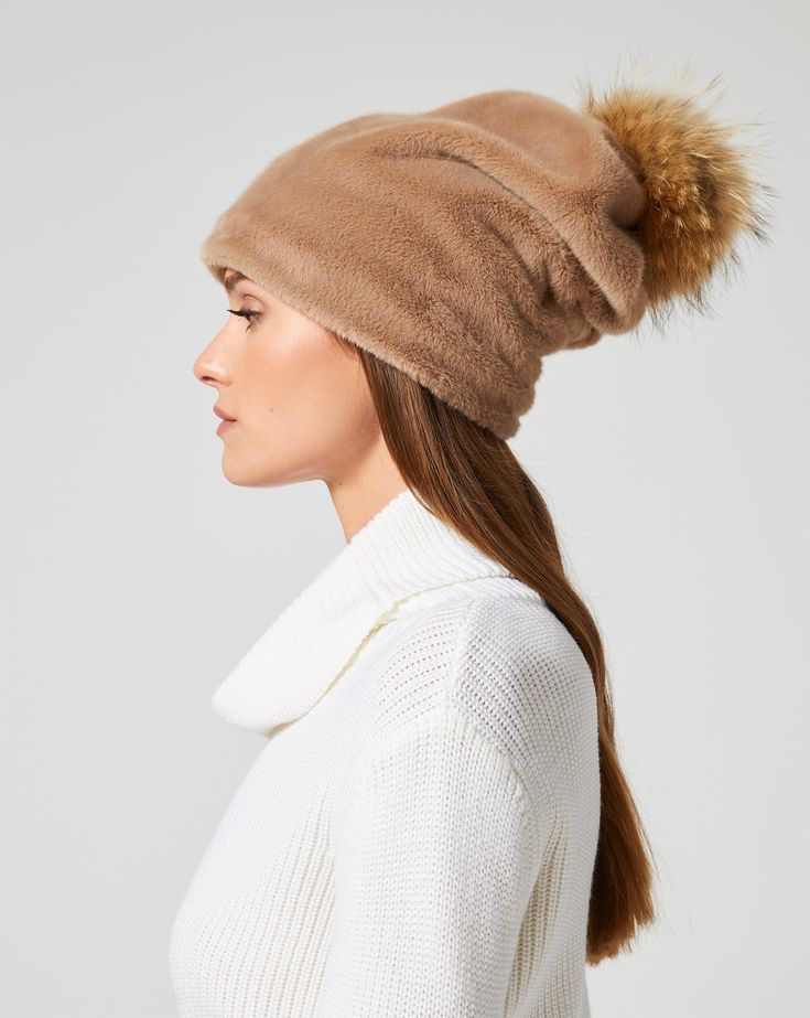 This scrunched beanie has a faux-fur pom-pom on the top, so it's bound to make you smile every time you wear it. Jumpsuit Jacket, Faux Fur Pom Pom, Outerwear Vest, Fur Pom Pom, Fall Collections, You Smile, Sweater Skirt, Skirt Pants, Make You Smile