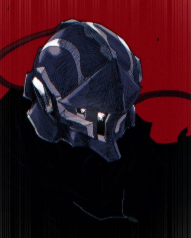 a drawing of a helmet on top of a red background