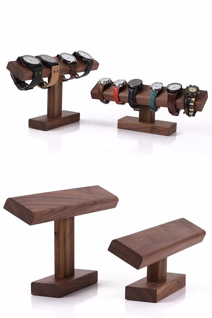 three wooden benches with different watches on them