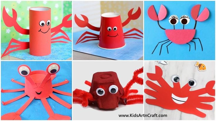 four different pictures of paper cups with faces and arms made to look like crabfishs