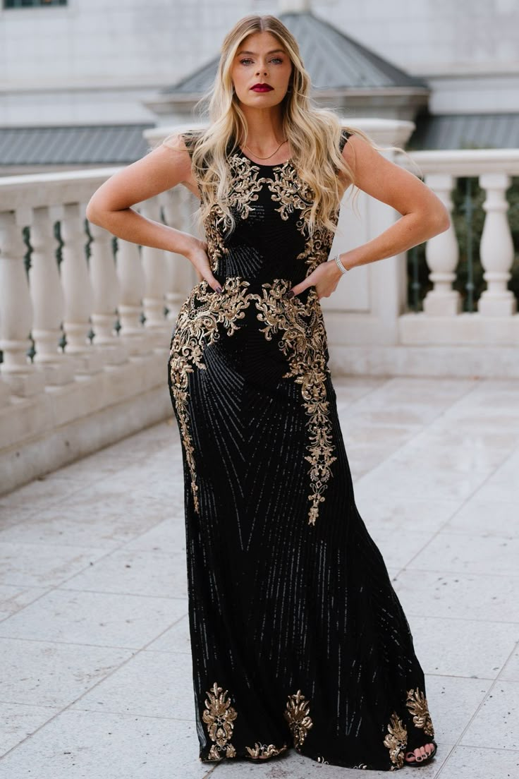 Gown Black And Gold, Black And Gold Gown, Starfall Ball, Curves Design, Fantasy Ball, Sequin Material, Gold And Black Dress, Gold Gown, Embellished Maxi Dress