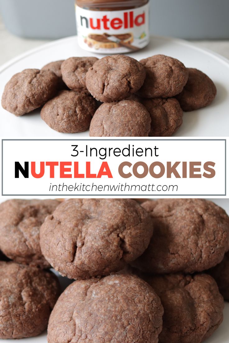 Plate full of homemade 3-ingredient Nutella cookies Recipes With 3 Ingredients, Nutella Desserts Easy, Nutella Dessert Recipes, Nutella Cookies Recipe, Nutella Snacks, Brownie Vegan, Nutella Recipes Easy, Quick And Easy Desserts, Quick Cookies