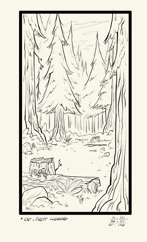 a black and white drawing of a cabin in the woods with trees on either side