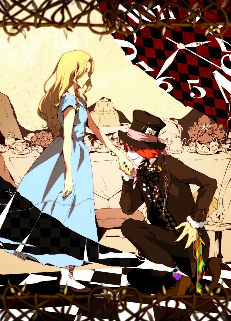 a man and woman dressed up as alice and the mad hatter in front of a clock