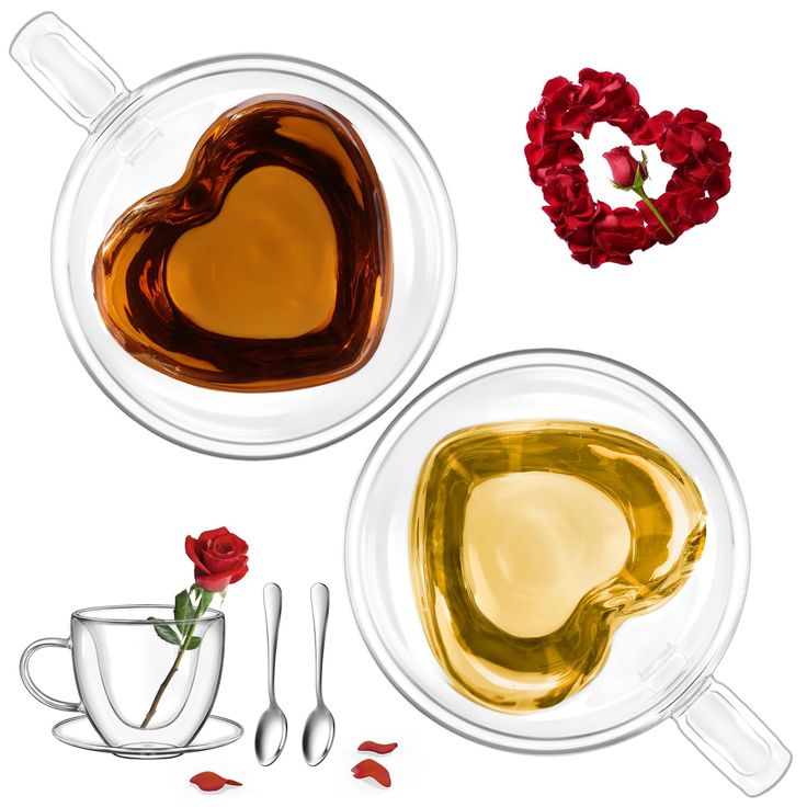 there are two plates with tea and rose petals on the plate, one is filled with liquid