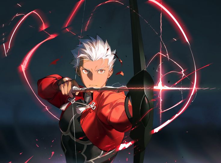 an anime character with white hair holding a bow and arrow in front of a dark background