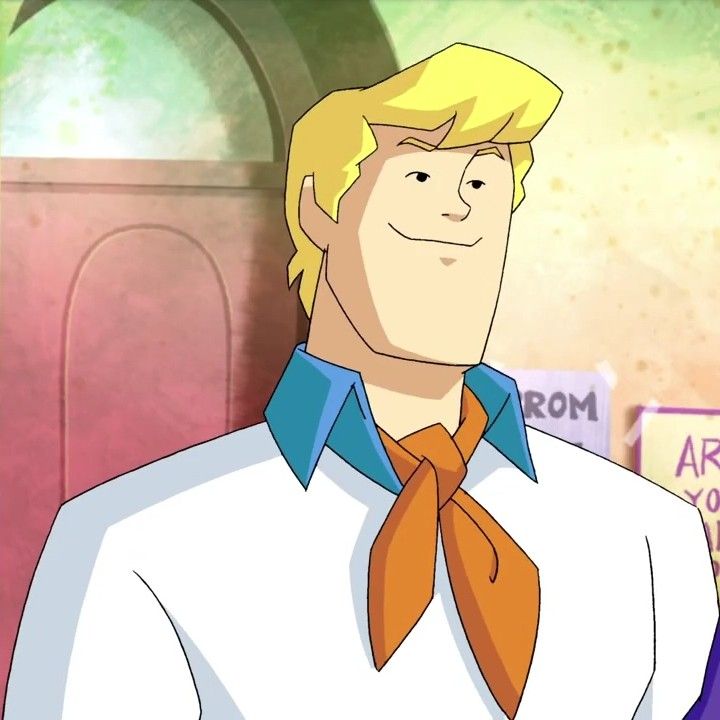 an animated man with blonde hair wearing a white shirt and orange tie