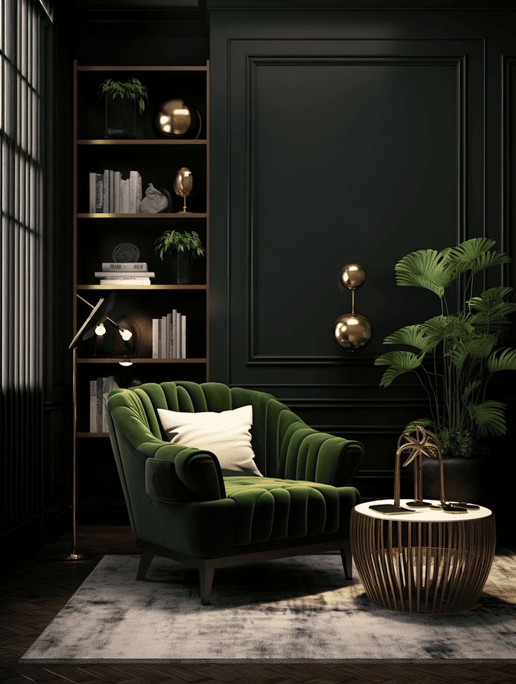 a living room with black walls and green velvet chairs in front of a bookcase