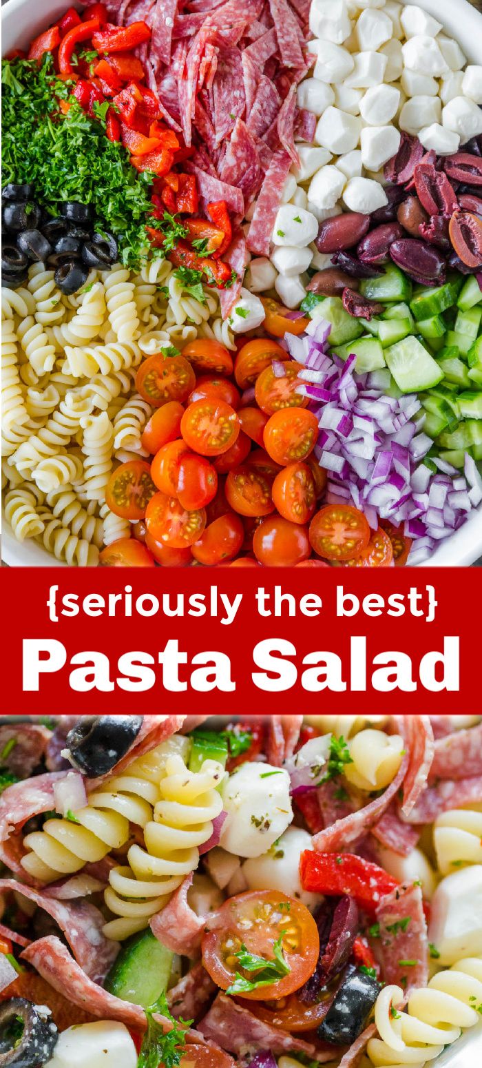 pasta salad with tomatoes, cucumbers, olives and other ingredients